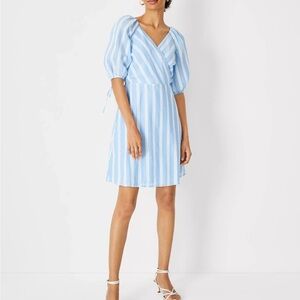Ann Taylor Striped Puff Sleeve Wrap Dress size 0 Petite NWT